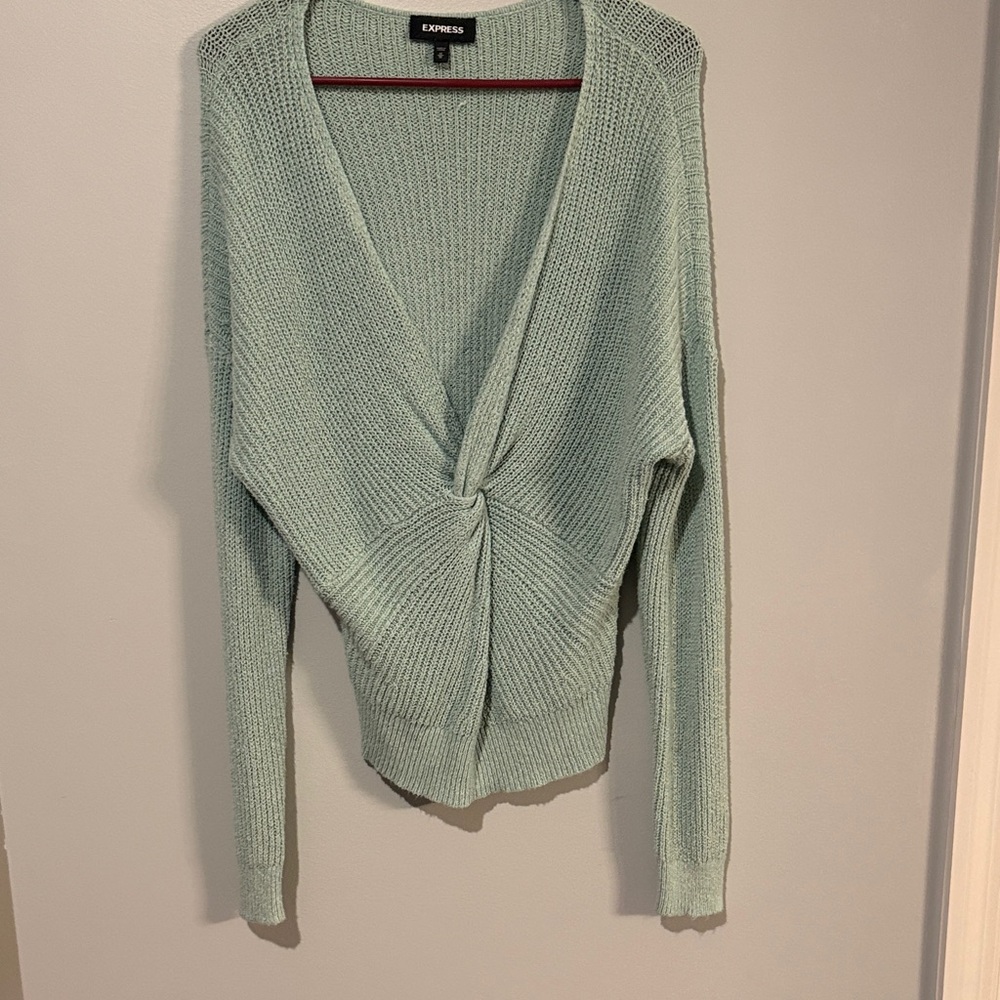 Express Women's Light Green V-Neck Sweater